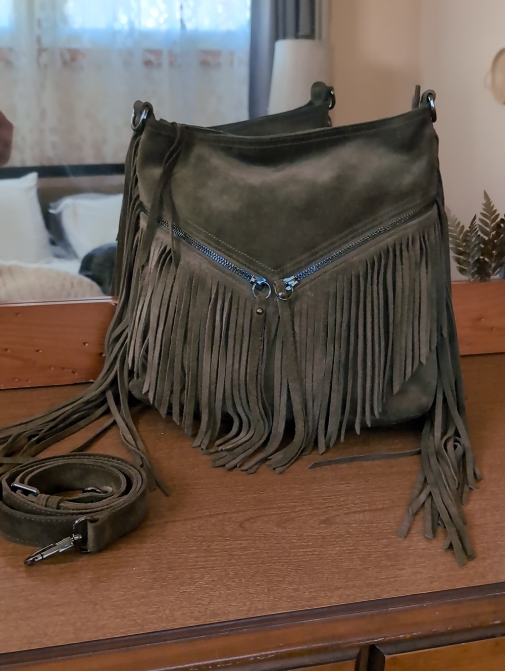Sorial Women's Boho Southwest Fringe Suede Crossbody Bag in Olive Green